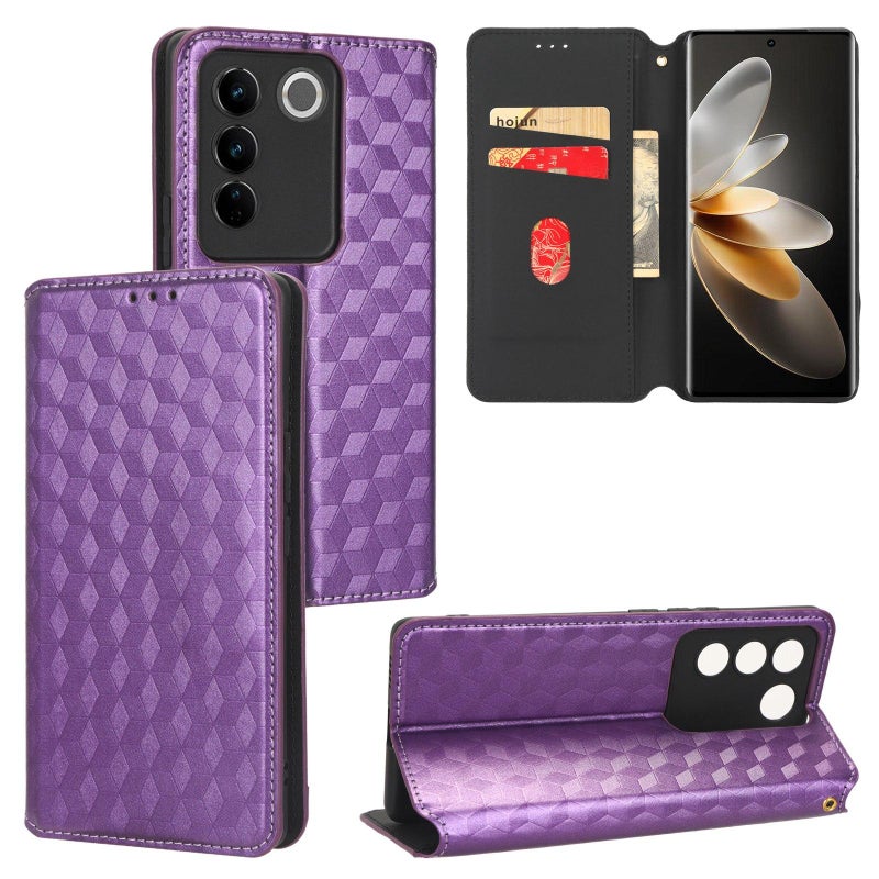 HuHa Case Cover For vivo S16 / S16 Pro / V27 Pro Cubic Grid Texture Flip Leather Phone Case(Purple) - Image 1