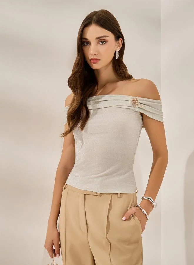 Styli Cream Shimmer Off-Shoulder Top