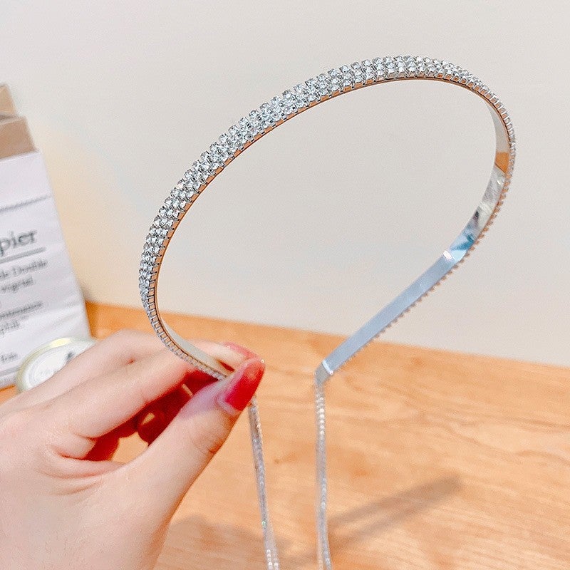 Loquat Super Fairy French Style Girls Floral Hair Band Womens Face Wash Cute All-match Going-out Pearl Headband Vintage Rhinestone Hair Accessories Silver three-row diamond headband