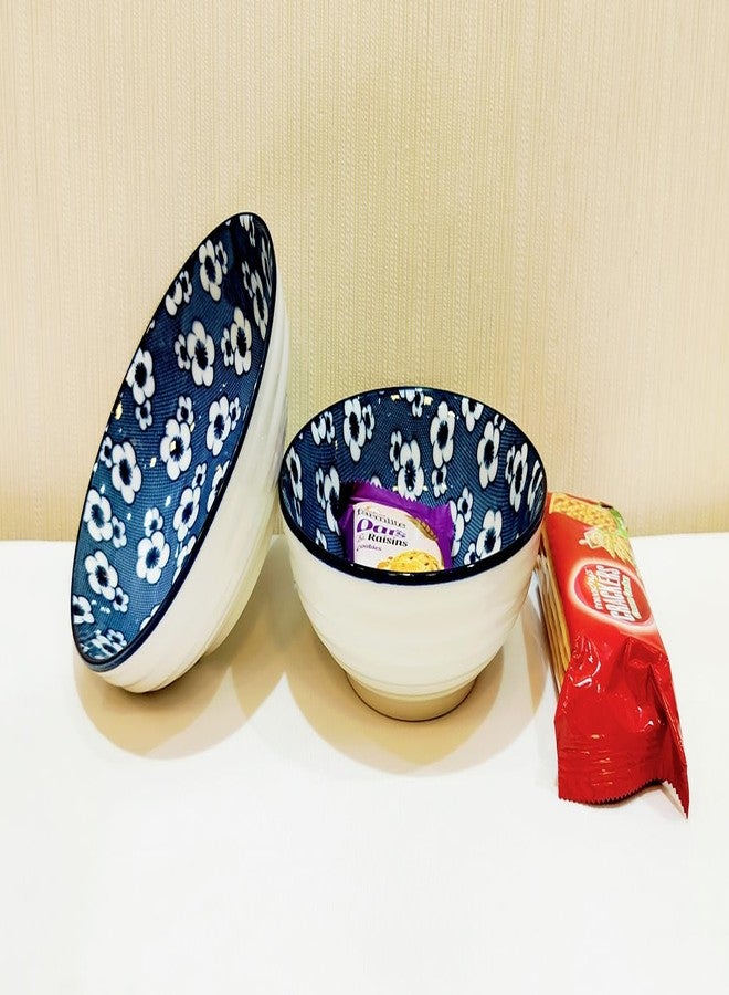 Lemon Tree Ceremic Flower Print Serving Bowl |Bowl for Snacks, Starters, Soups and Salads |Microwave & Dishwasher Safe Bowl (Set of 2, Dark Blue) - Image 4