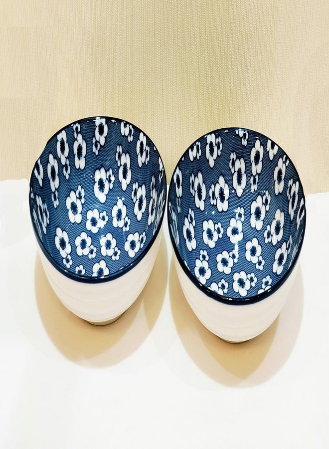Lemon Tree Ceremic Flower Print Serving Bowl |Bowl for Snacks, Starters, Soups and Salads |Microwave & Dishwasher Safe Bowl (Set of 2, Dark Blue) - Image 1