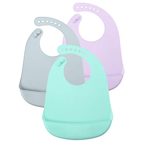 PandaEar 3 Pack Waterproof Silicone Baby Bibs| Super Thin Light Weight Feeding Bib with Food Catcher Pocket for Toddler (Blue/Purple/Grey) - Image 1