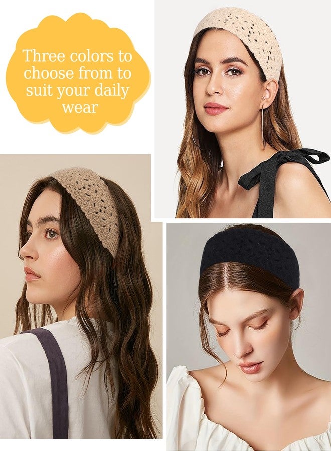 HAIMEIKANG Hippie Hair Bandana Headbands for Women Boho Headband Knit Hair Bands Floral Head Wrap for Women and Girls(Black+Beige+Coffee) - Image 4