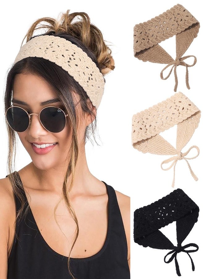 HAIMEIKANG Hippie Hair Bandana Headbands for Women Boho Headband Knit Hair Bands Floral Head Wrap for Women and Girls(Black+Beige+Coffee) - Image 1