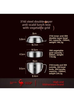 Three Or Four Steel Instant Noodle Bowl With Lid Stainless Steel Lunch Box Lunch Box Student Canteen Insulation Anti-scald Fast Food Cup-Specifications:Heirloom 316L Fast Food Bowl: Double Layer (316L Steel Rice Bowl 304 Steel Dish Grid 316L Steel Large Soup Pot)