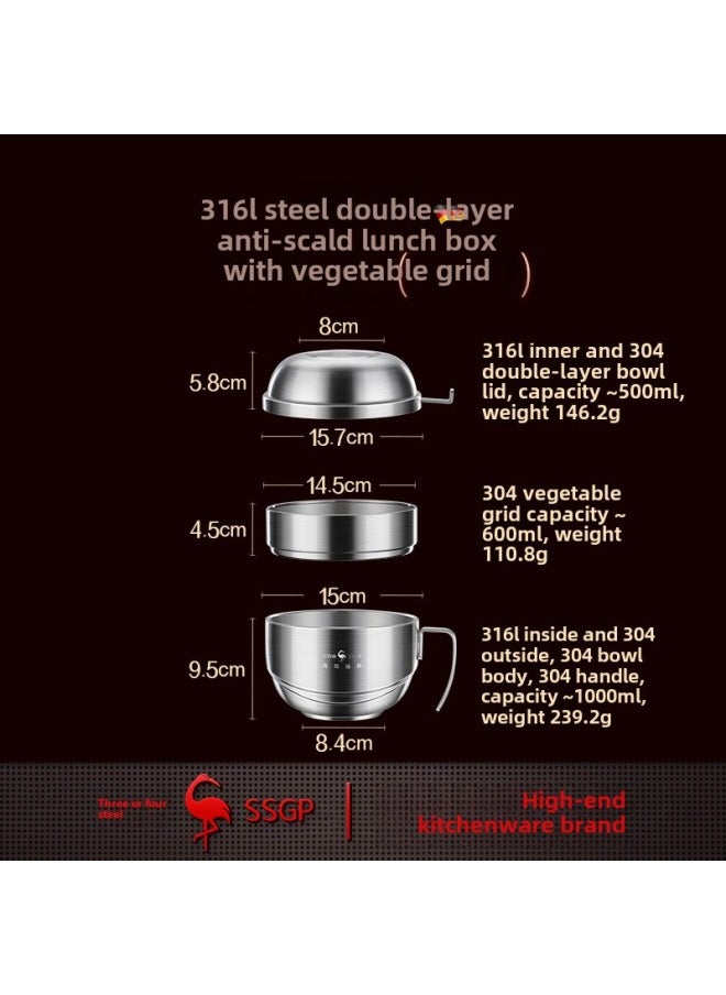 Generic - Three Or Four Steel Instant Noodle Bowl With Lid Stainless Steel Lunch Box Lunch Box Student Canteen Insulation Anti-scald Fast Food Cup-Specifications:Heirloom 316L Fast Food Bowl: Double Layer (316L Steel Rice Bowl 304 Steel Dish Grid 316L Steel Large Soup Pot) - Image 1