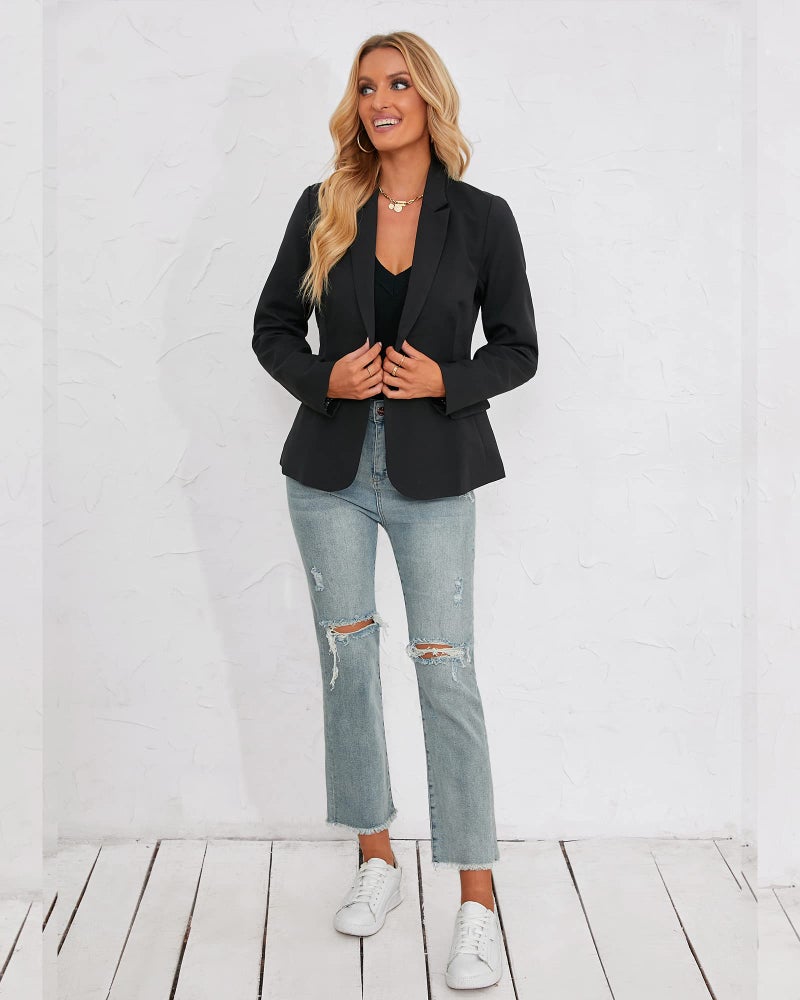 luvamia Women's Notched Lapel Neck Long Sleeves One Button Pocket Blazer Jacket Wear to Work Suit Women's Tuxedos Ladies Blazers Slim Blazer Jackets for Women New Black Size L - Image 5