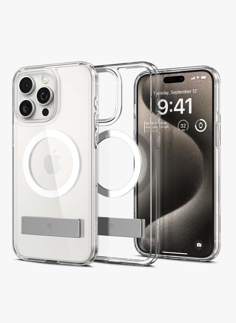 Techie iPhone 15 Pro Max Hybrid Transparent MagSafe Case With Built-in Kick Stand, Anti-Yellow Shockproof Transparent Back Cover case for iPhone 15 Pro Max Spigene Series. - Image 1