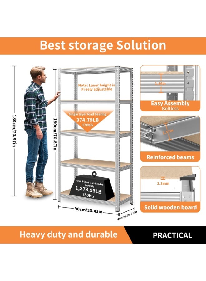 M.A&F's 5-Tier Storage Shelves, Garage Storage, Boltless Assembly, Adjustable Shelving Unit, for Shed Warehouse Basement Kitchen (Silver) - Image 2