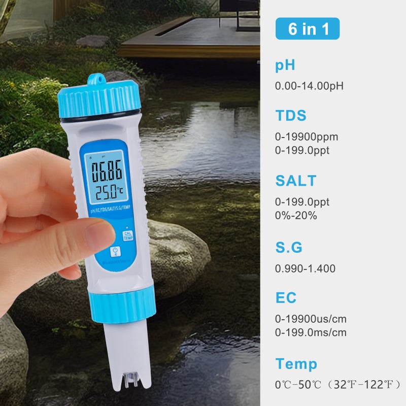 Smart BT 6 in 1 Ph Tester Pool Water PH/ EC/ TDS/ SALT/ S.G/ Temperature Tester Pool Water Quality Monitor Multifunction Water Quality Detector for Pool Drinking Water Laboratory - Image 5
