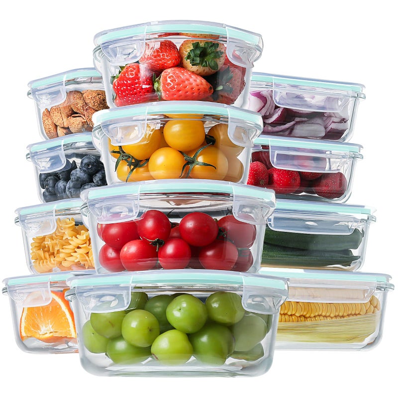 HOMBERKING 24pc Glass Food Storage Containers with Lids Glass Meal Prep Containers Airtight Bento Boxes BPA Free Leak Proof Pantry Kitchen Storage12 lids 12 Containers Blue