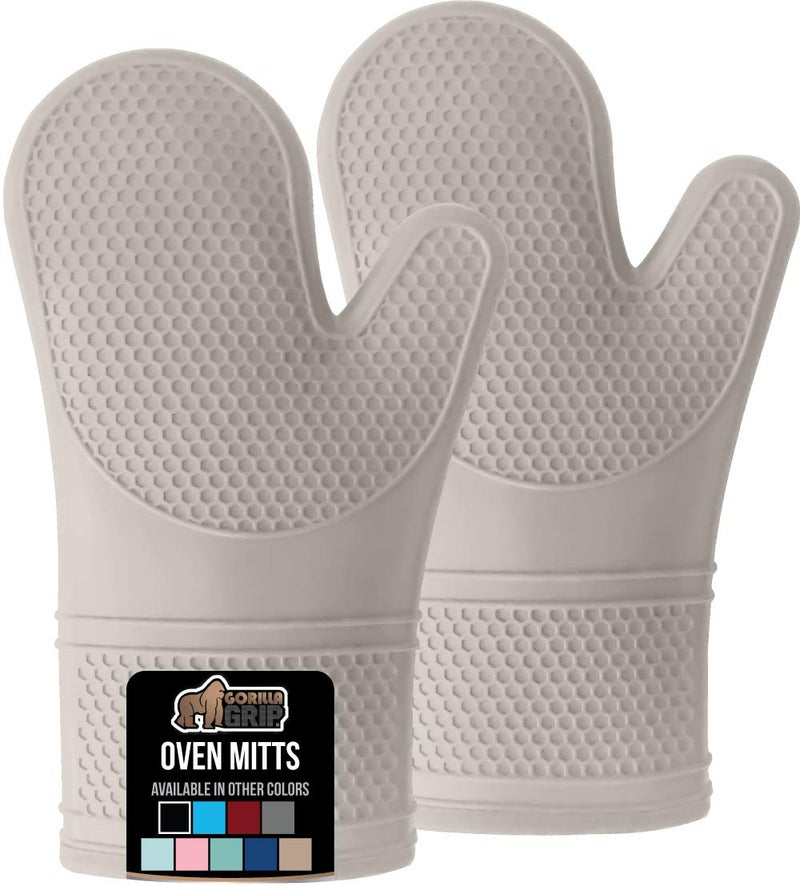 Gorilla Grip GORILLA GRIP BPA-Free Soft Silicone Oven Mitts, Heat and Slip Resistant Thick Cotton Lined Cooking Mitt Set, Long Flexible Potholders Protect Hands, Kitchen Essential Waterproof Gloves, 12.5" Almond  - Image 1