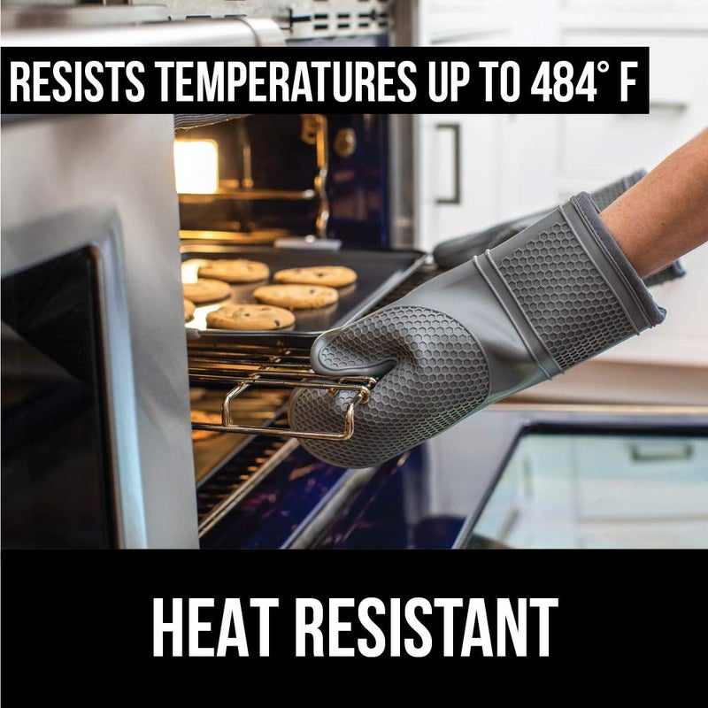 Gorilla Grip GORILLA GRIP BPA-Free Soft Silicone Oven Mitts, Heat and Slip Resistant Thick Cotton Lined Cooking Mitt Set, Long Flexible Potholders Protect Hands, Kitchen Essential Waterproof Gloves, 12.5" Almond  - Image 3