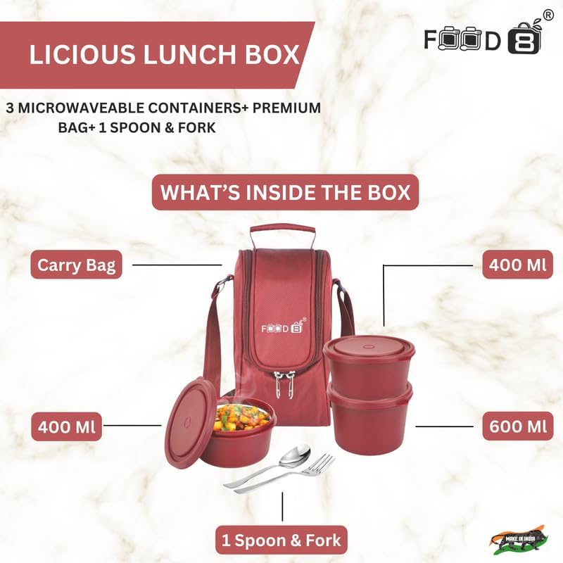 FOOD 8 FOOD 8 Licious Corporate Lunch Box for Office Tiffin Box with Insulated Fabric Jacket Bag Steel Spoon and Fork 3 Container 400 ML 400ML 600ML Maroon 3 Years Warranty  - Image 3