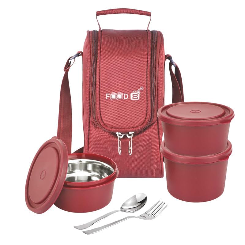 FOOD 8 FOOD 8 Licious Corporate Lunch Box for Office Tiffin Box with Insulated Fabric Jacket Bag Steel Spoon and Fork 3 Container 400 ML 400ML 600ML Maroon 3 Years Warranty  - Image 2