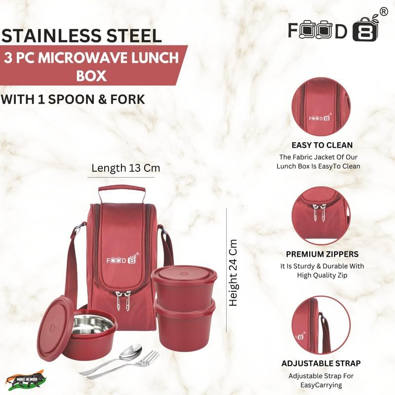 FOOD 8 FOOD 8 Licious Corporate Lunch Box for Office Tiffin Box with Insulated Fabric Jacket Bag Steel Spoon and Fork 3 Container 400 ML 400ML 600ML Maroon 3 Years Warranty  - Image 5