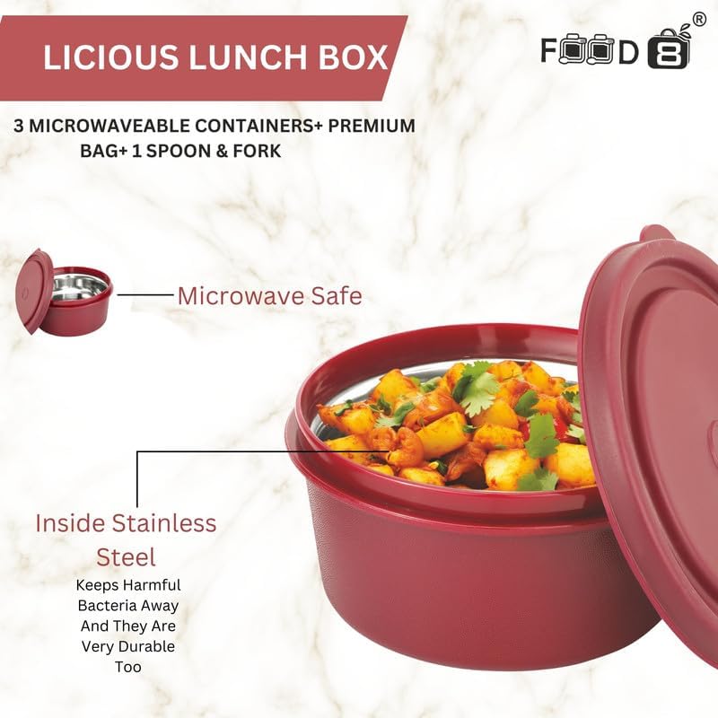 FOOD 8 FOOD 8 Licious Corporate Lunch Box for Office Tiffin Box with Insulated Fabric Jacket Bag Steel Spoon and Fork 3 Container 400 ML 400ML 600ML Maroon 3 Years Warranty  - Image 4