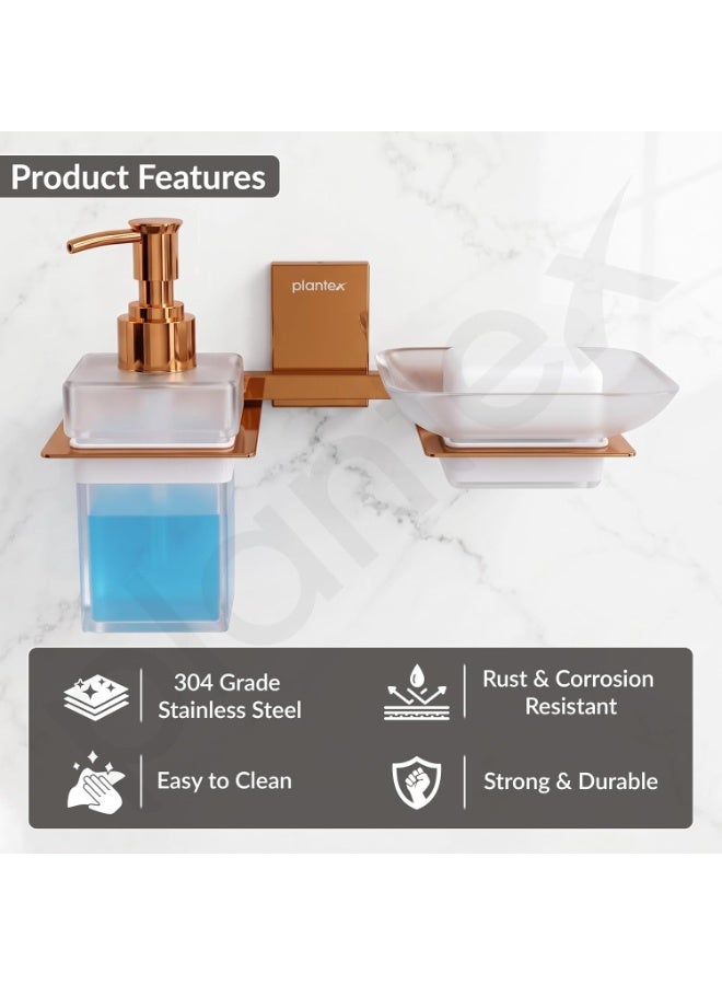 Plantex 304 Grade Stainless Steel Glass Soap Dish with Liquid Dispenser for Bathroom/Soap Stand/Glass Shampoo Dispenser/Bathroom Accessories - Pack of 1 (Crystal, PVD Rose Gold) - Image 2