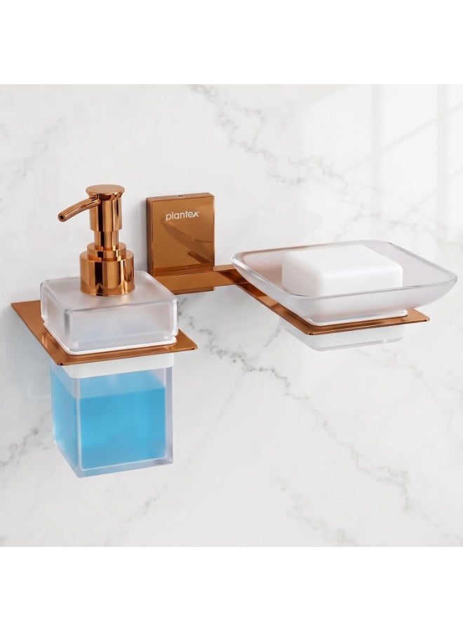 Plantex 304 Grade Stainless Steel Glass Soap Dish with Liquid Dispenser for Bathroom/Soap Stand/Glass Shampoo Dispenser/Bathroom Accessories - Pack of 1 (Crystal, PVD Rose Gold) - Image 1