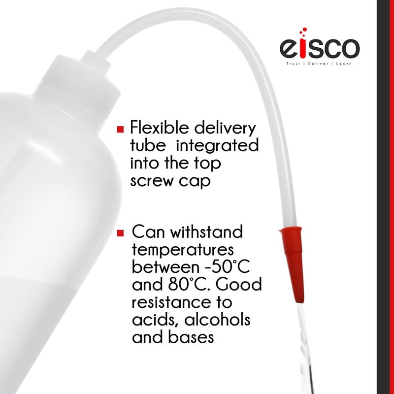 EISCO Wash Bottle, 1000ml - Polyethylene - Translucent, Unbreakable - Screw Cap with Flexible Delivery Tube for Dispensing Liquid - Includes Tube Cap (Pack of 2) - Image 5