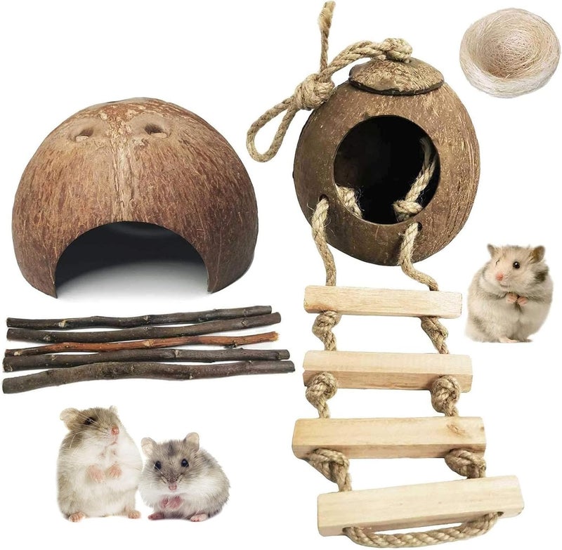 kathson 9PCS Natural Coconut Hut Hamster Hiding House Pet Cave Small Animal Cage Habitat Decor Hanging Hamster Toys with Ladder for Gerbils Hermit Crabs Dwarf Lizards - Image 1