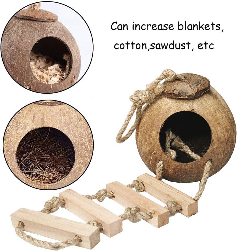 kathson 9PCS Natural Coconut Hut Hamster Hiding House Pet Cave Small Animal Cage Habitat Decor Hanging Hamster Toys with Ladder for Gerbils Hermit Crabs Dwarf Lizards - Image 3