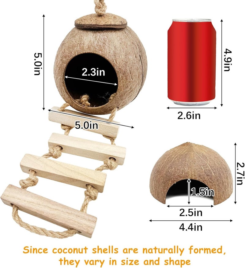 kathson 9PCS Natural Coconut Hut Hamster Hiding House Pet Cave Small Animal Cage Habitat Decor Hanging Hamster Toys with Ladder for Gerbils Hermit Crabs Dwarf Lizards - Image 5