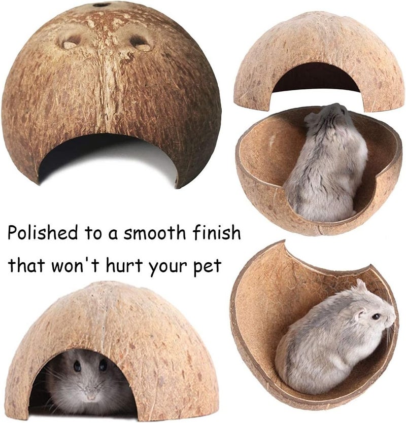 kathson 9PCS Natural Coconut Hut Hamster Hiding House Pet Cave Small Animal Cage Habitat Decor Hanging Hamster Toys with Ladder for Gerbils Hermit Crabs Dwarf Lizards - Image 4