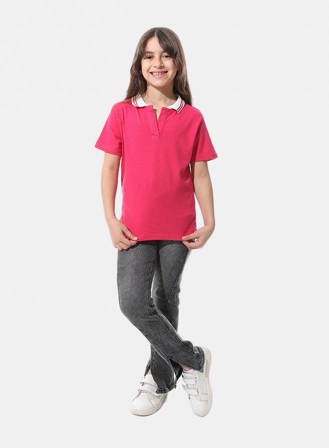 Andora Johnny Collar Pique Polo Shirt _ Fuchsia & White - Image 5