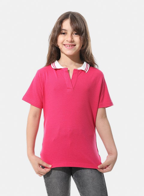 Johnny Collar Pique Polo Shirt _ Fuchsia & White