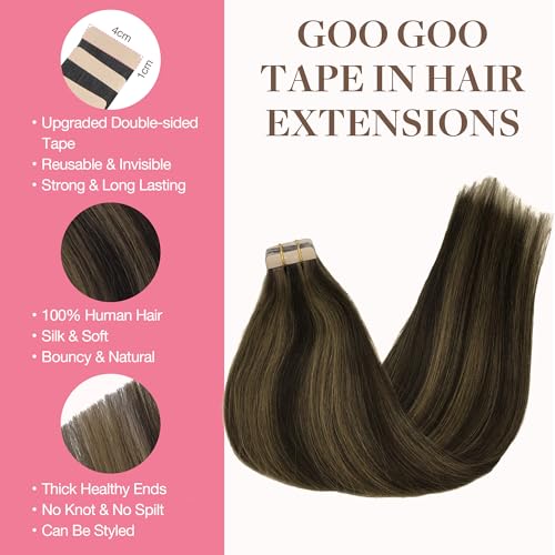 Goo-Goo GOO GOO Tape in Hair Extensions Human Hair 26 Dark Brown Highlighted Chestnut Brown 16inch 50g 20pcs Skin Weft Seamless Invisible Silky Straight with Thick Ends Remy Human Hair - Image 5