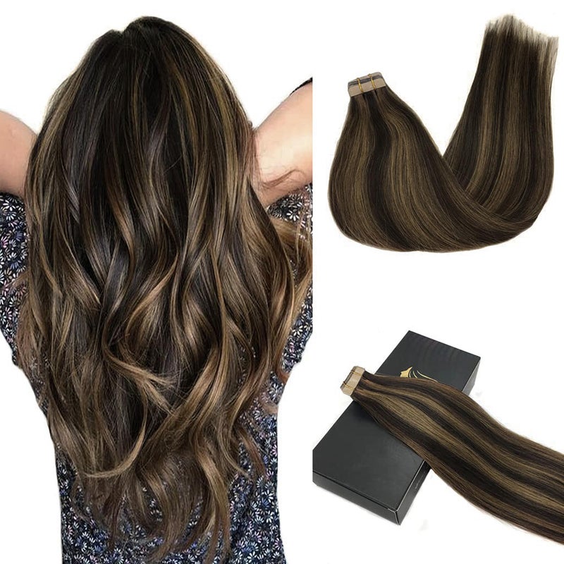 Goo-Goo GOO GOO Tape in Hair Extensions Human Hair 26 Dark Brown Highlighted Chestnut Brown 16inch 50g 20pcs Skin Weft Seamless Invisible Silky Straight with Thick Ends Remy Human Hair - Image 3