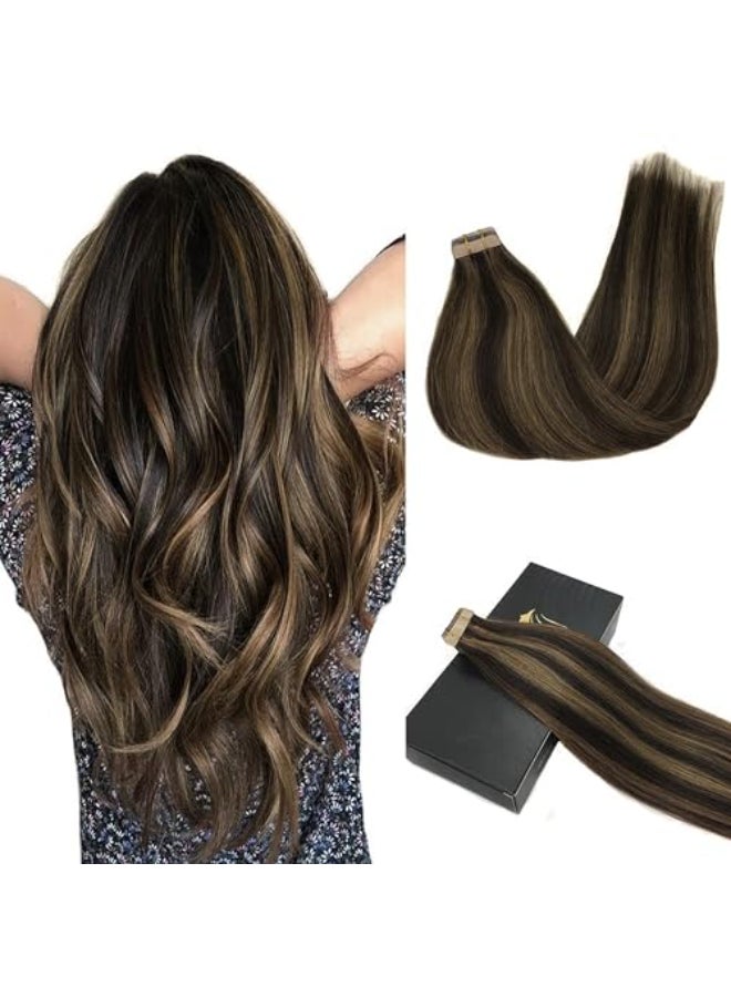 Goo-Goo GOO GOO Tape in Hair Extensions Human Hair 26 Dark Brown Highlighted Chestnut Brown 16inch 50g 20pcs Skin Weft Seamless Invisible Silky Straight with Thick Ends Remy Human Hair - Image 1
