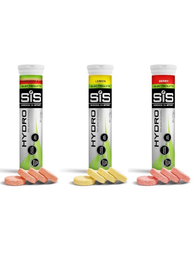 SIS Hydro Electrolyte Tablets | Sugar Free Hydration Tablets | Essential Electrolytes to Reduce Fatigue & Aid Rehydration | Gluten Free | Berry, Lemon and Strawberry & Lime Flavours | 60 Servings | 3 Pack | 60 x 4.5g - Image 1