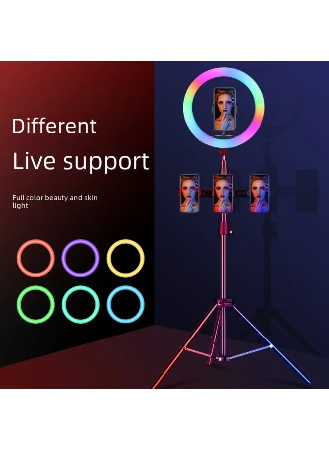 General - 10-inch Live Broadcast Fill Light Ring Beauty Photography Props Lighting Lamp Usb Powered Rgb Light Source Selfie Device-Light Source Color:2.1 M 【Floor Bright Black Bracket】 + Self-timer +20cm Colo - Image 1