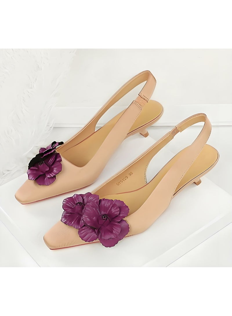 بيج تري المرأة الساتان مغلق أشار إصبع القدم القط الكعب المنخفض مع الزهور ديكور الشمبانيا 4CM - Image 1