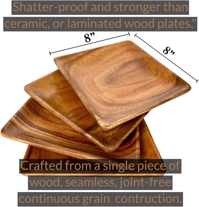 WRIGHTMART Wooden Plates Set of 4 8 Square Durable Acacia Hardwood Versatile Tableware for Side Dish Bread Snacks Desserts Charcuterie Server Natural Rustic Decorative Design - Image 4