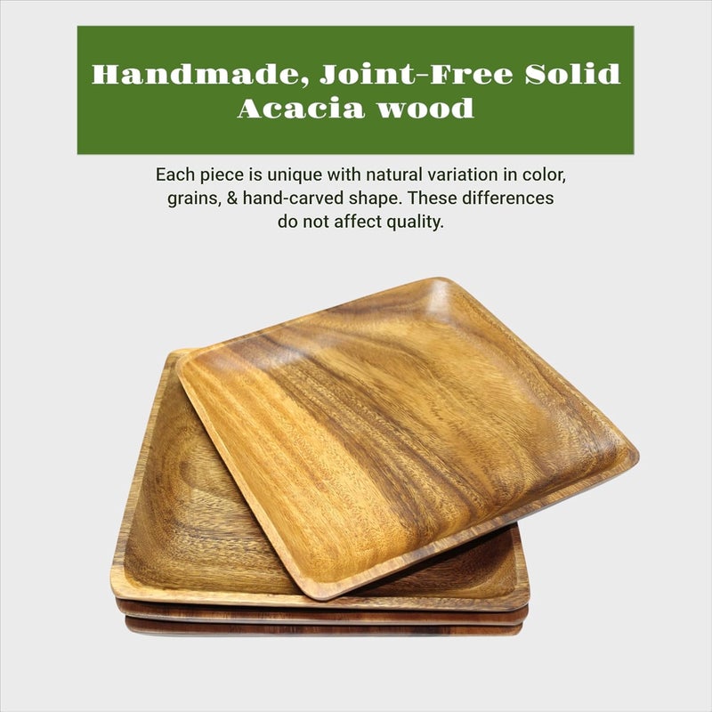 WRIGHTMART Wooden Plates Set of 4 8 Square Durable Acacia Hardwood Versatile Tableware for Side Dish Bread Snacks Desserts Charcuterie Server Natural Rustic Decorative Design - Image 5