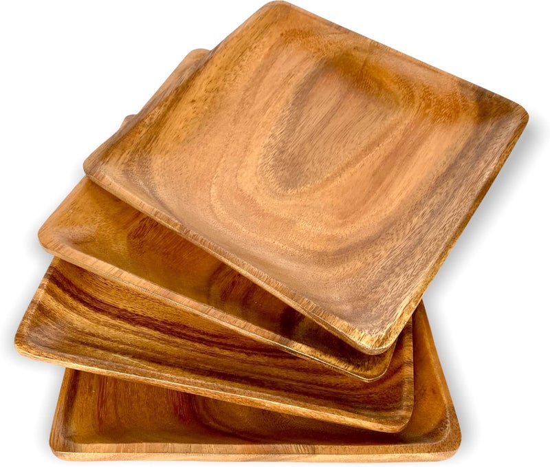 WRIGHTMART Wooden Plates Set of 4 8 Square Durable Acacia Hardwood Versatile Tableware for Side Dish Bread Snacks Desserts Charcuterie Server Natural Rustic Decorative Design - Image 1