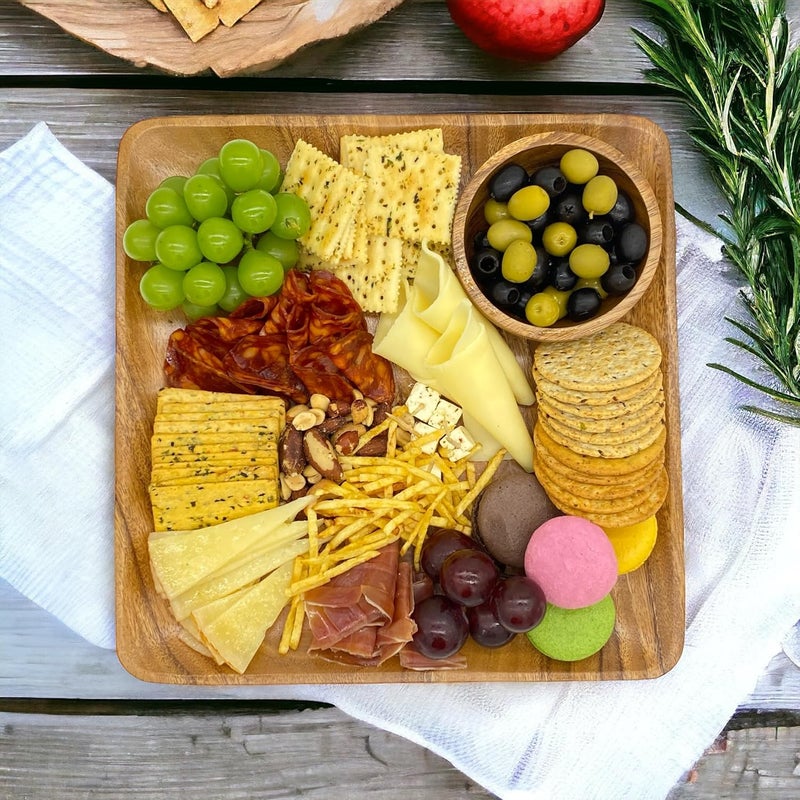 WRIGHTMART Wooden Plates Set of 4 8 Square Durable Acacia Hardwood Versatile Tableware for Side Dish Bread Snacks Desserts Charcuterie Server Natural Rustic Decorative Design - Image 2
