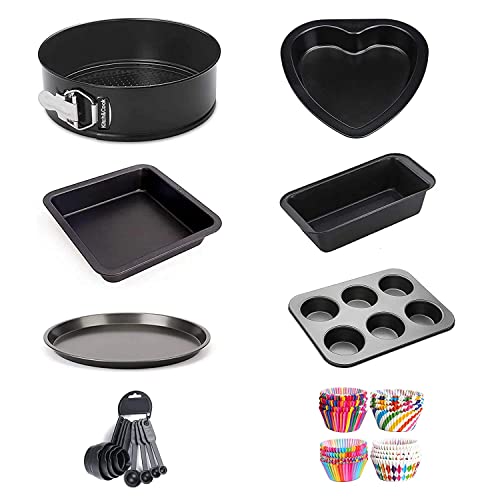 Xacton 8-in-1 Cake Mould Baking Set Combo of Round, Heart, Square, Bead Mould, Pizza Tray, 6 Slot Muffin Tray, Cake Cup Liners, and Measuring Cups and Spoon for Microwave Oven OTG Safe Baking tin - Image 1