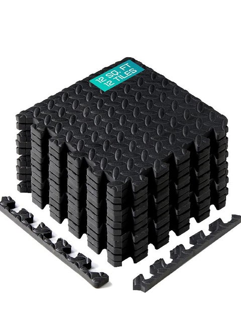 Interlocking Exercise Foam Mats With Border - Interlocking Floor Mats For Gym Equipment - Eva Interlocking Floor Tiles ,12 Square Feet, Black (Pack Of 12)