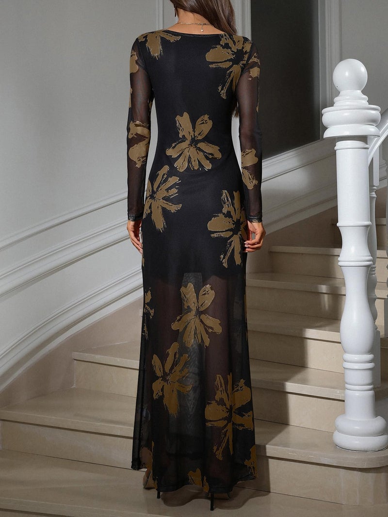 Verdusa Women's Floral Mesh Maxi Dresses Elegant Formal Long Sleeve Spring Wedding Guest Dress Cocktail Black X-Small - Image 3