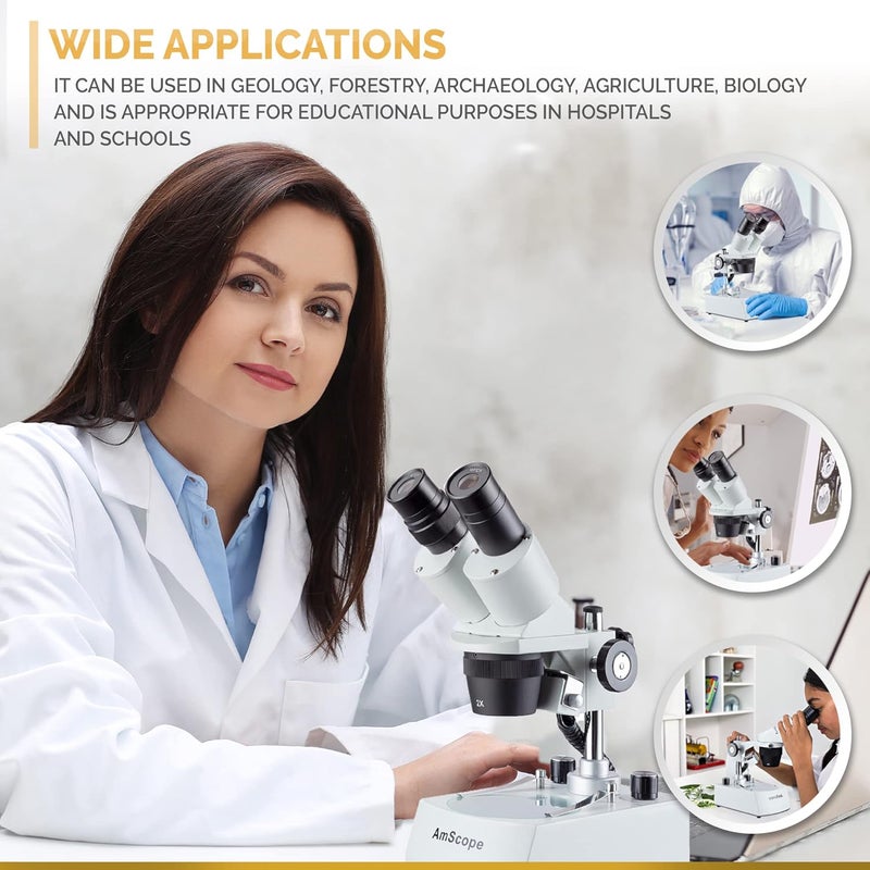AmScope AmScope SE306RPLED ForwardMounted Binocular Stereo Microscope WF10x Eyepieces 20X and 40X Magnification 2X and 4X Objectives Upper and Lower LED Lighting Reversible BlackWhite Stage Plate Pillar Stand 120V or BatteryPowered  - Image 5