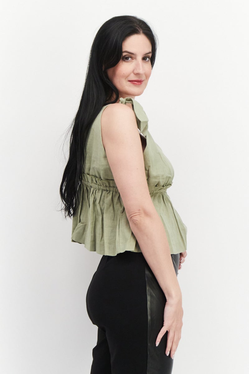 NOMAD Women Plunging Neck Sleeveless Embroidered Logo Top, Sage - Image 2