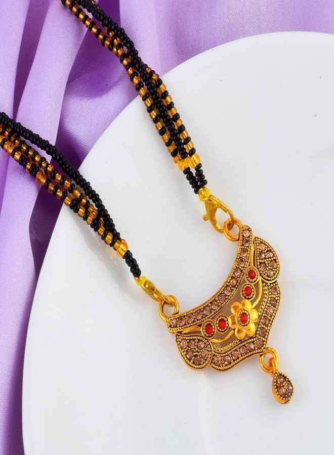 morir Elegant Curved Design Gold-Plated Mangalsutra with Red Stone Floral Pendant for Women - Image 4