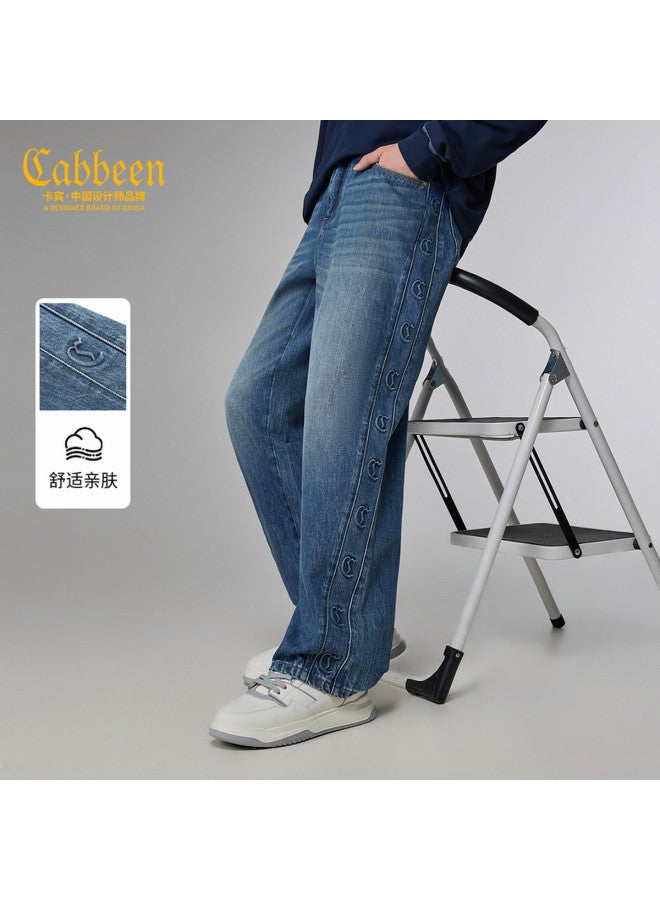 Cabbeen Men's Casual Jeans Logo Steel Press Straight Leg Winter Pants - Image 2