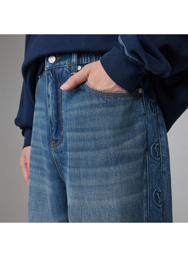 Cabbeen Men's Casual Jeans Logo Steel Press Straight Leg Winter Pants - Image 4