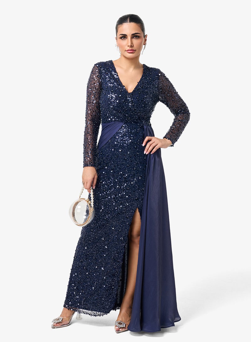 Threadz by Ajooni Shimmer V-Neck Side Slit Maxi Dress - Image 1