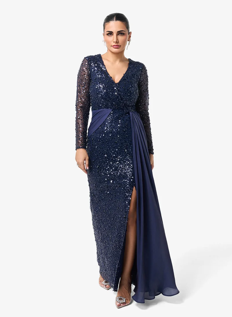 Threadz by Ajooni  Shimmer V-Neck Side Slit Maxi Dress for Women | Best Price UAE